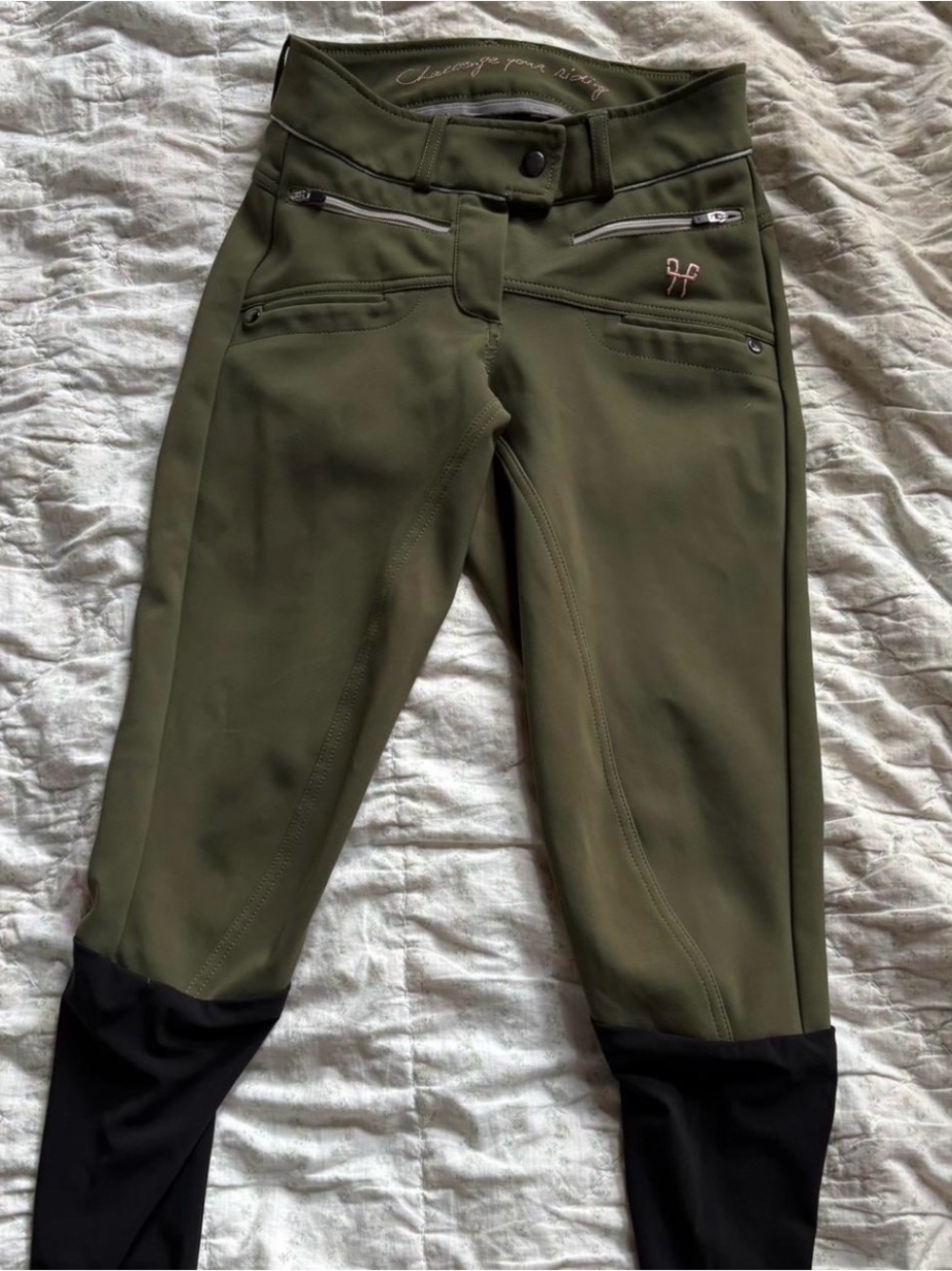 Olive Green Riding Breeches with Black Ankle Panels